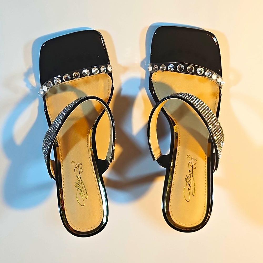Cathy Din Black Rhinestone Strappy Square Toe Slip On Mule Heel US 7.5